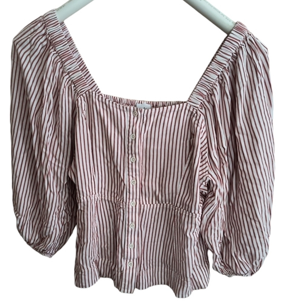 CAbi #5890 The Visionary Festive Stripe Carnival Top With Puff Sleeves Size XL
